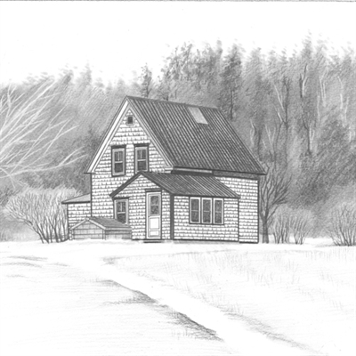 Hand Drawn Pencil Portrait of A Little Single House with Winter Scene from Photo,by myDaVinci - myDaVinci